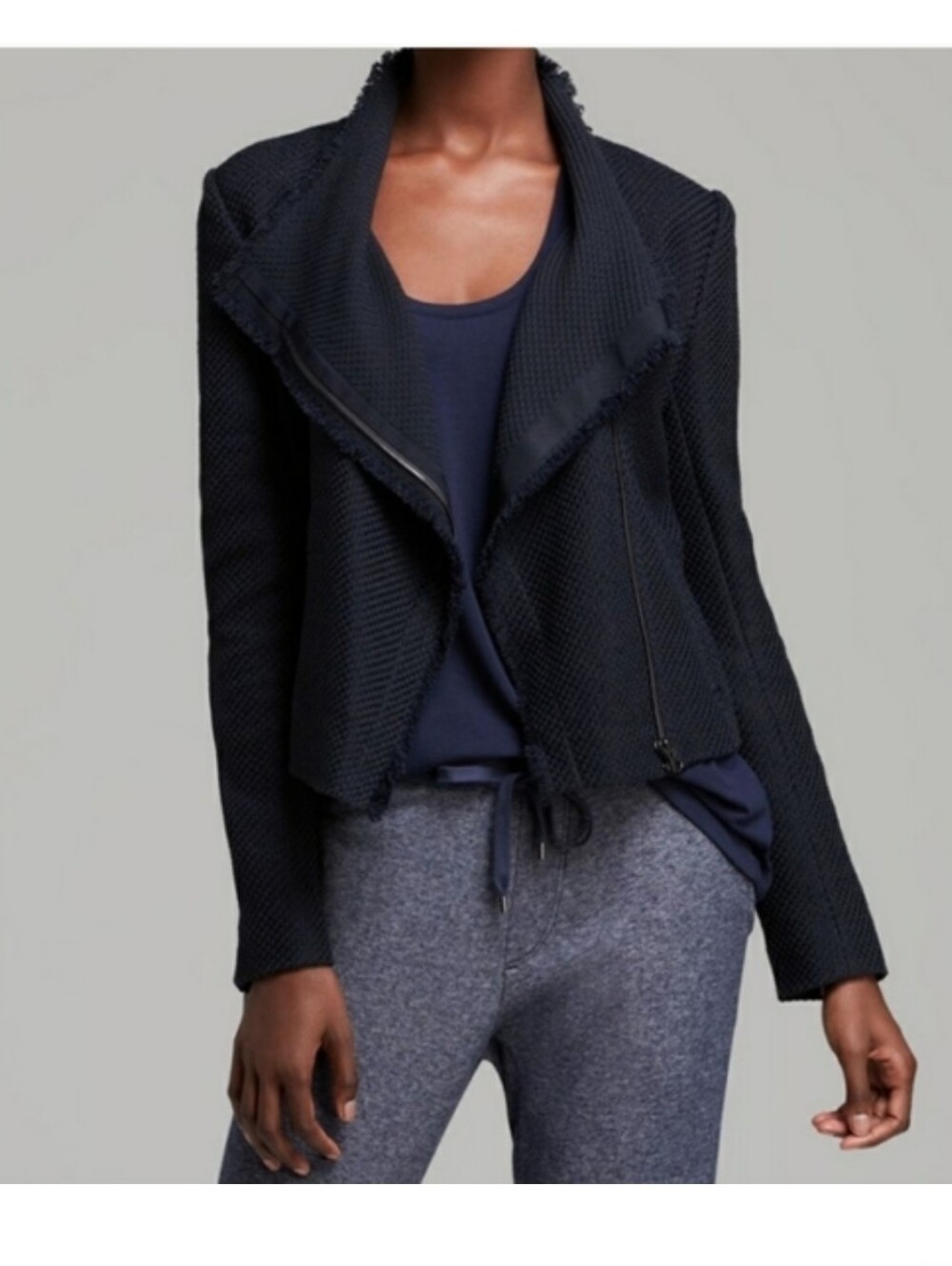 Vince | Tweed Moto Jacket Blazer Asymmetrical Zip Frayed Edge Navy Blue Large
